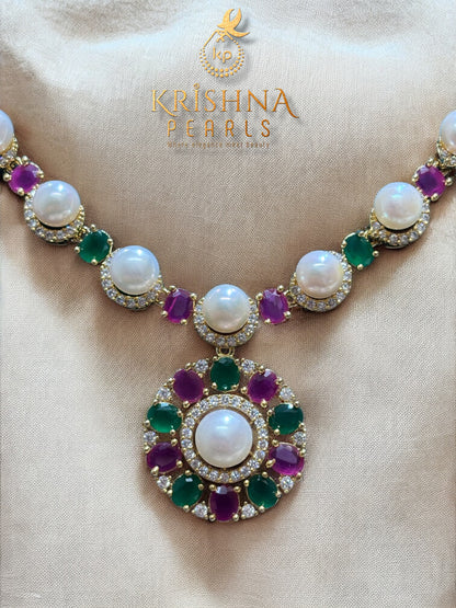 Floral Grace Ruby & Emeralds Pearls Studded Necklace Set