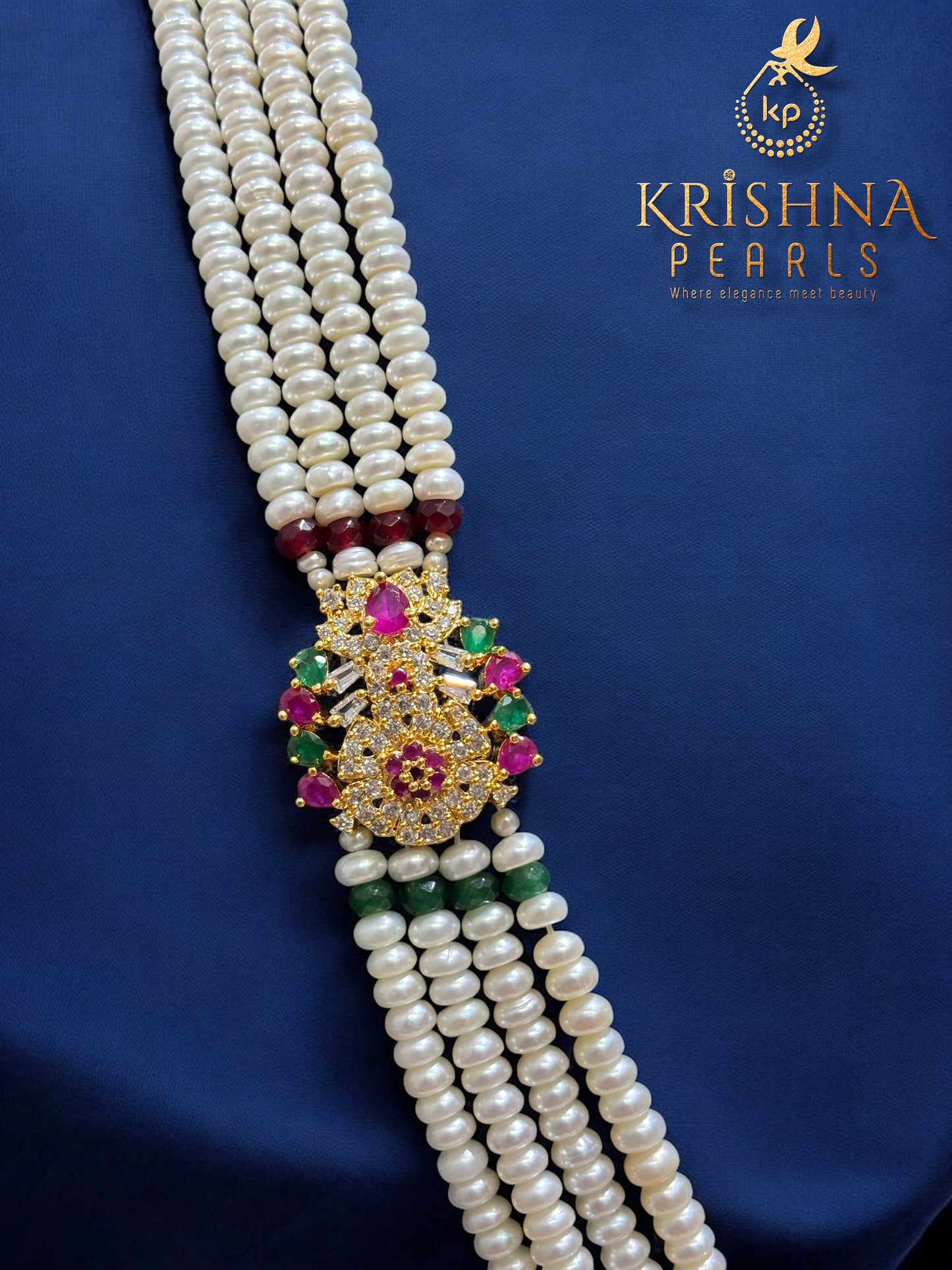 Virasat Ruby & Emerald Studded 4 Strand Pearls Rani Haar