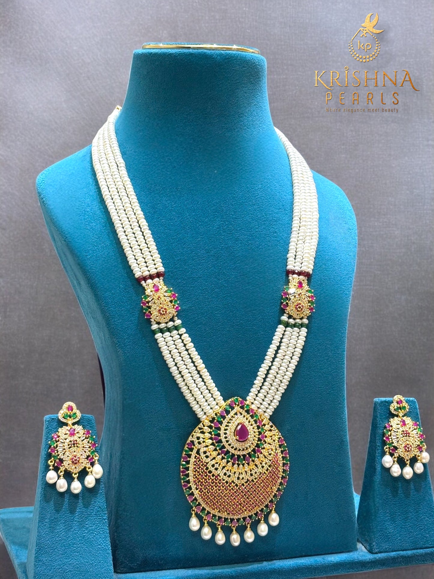 Virasat Ruby & Emerald Studded 4 Strand Pearls Rani Haar