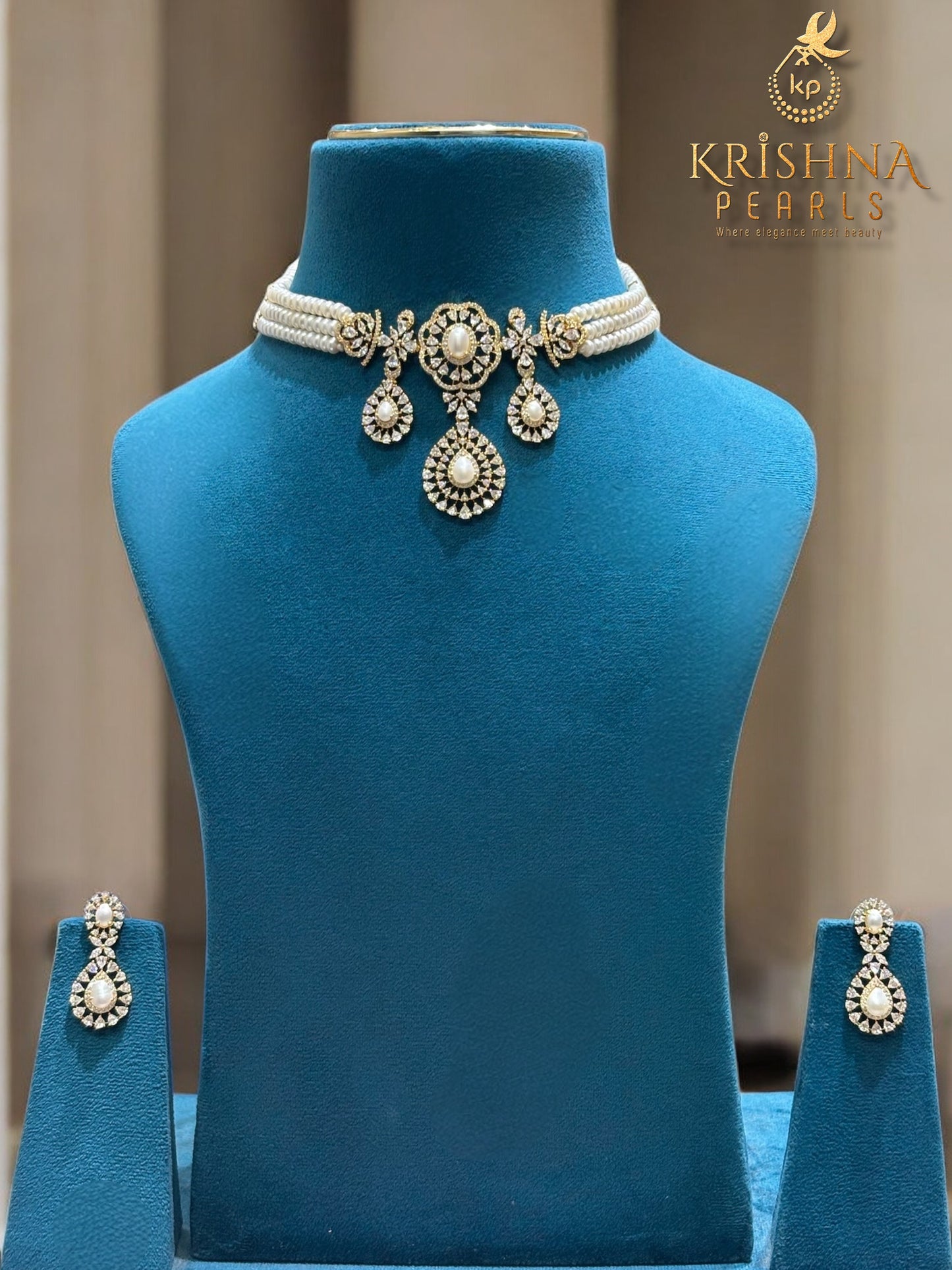 Luxurious Diamond Studded Pearls Choker Set