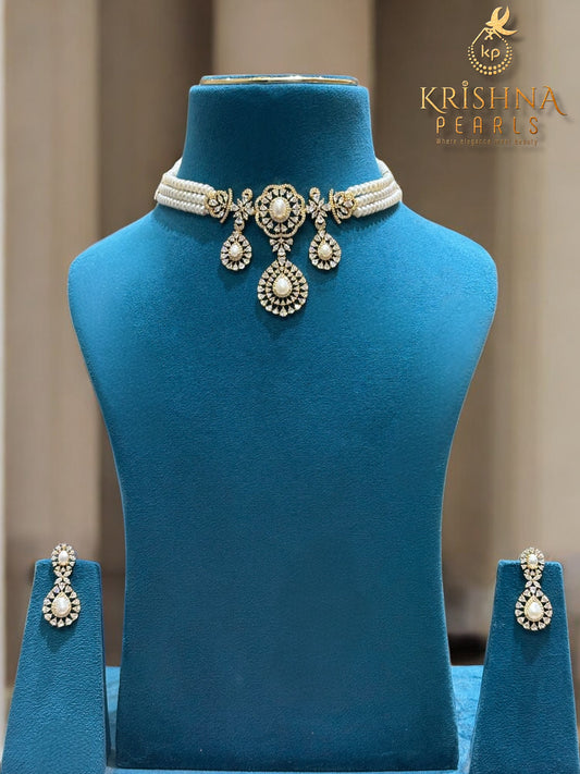 Luxurious Diamond Studded Pearls Choker Set
