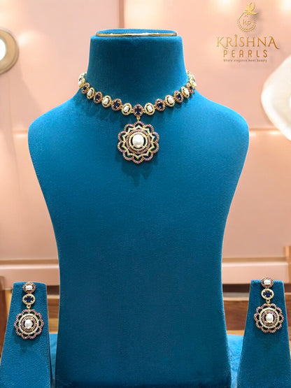 Elegant Blue Sapphire & Ruby With Pearls Studded Necklace Set
