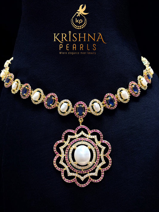 Elegant Blue Sapphire & Ruby With Pearls Studded Necklace Set