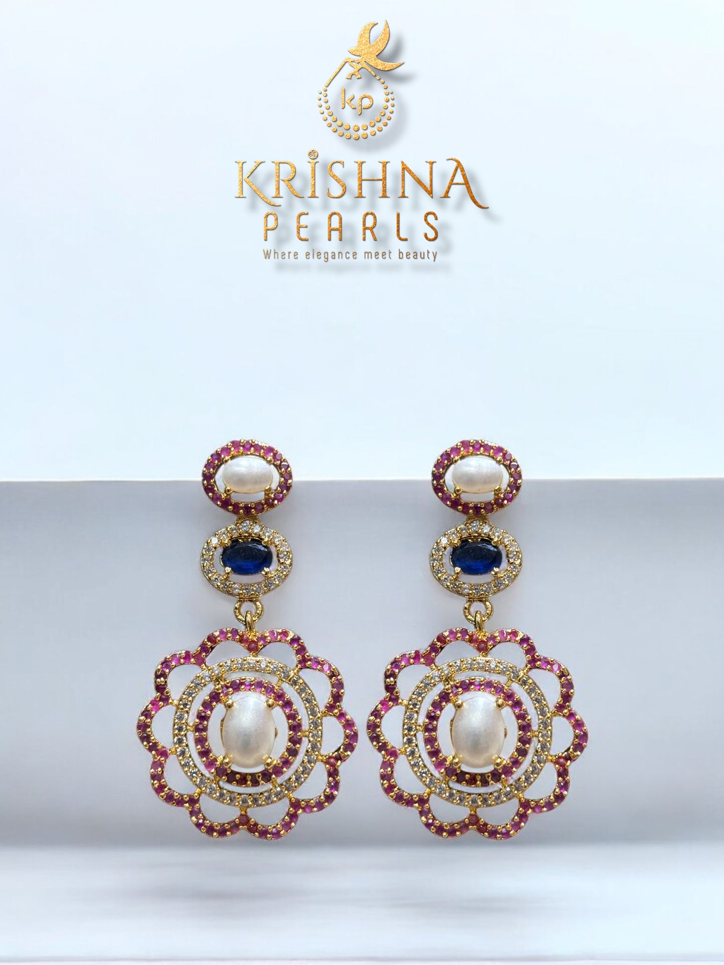 Elegant Blue Sapphire & Ruby With Pearls Studded Necklace Set