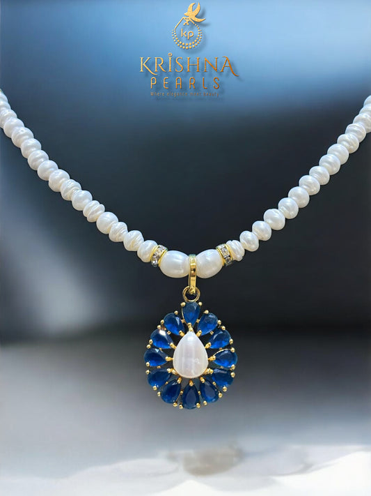 Azure Blue Floret With Pearls Necklace