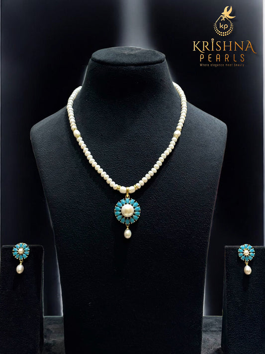Turquoise Bloom Pearl Studded Necklace Set