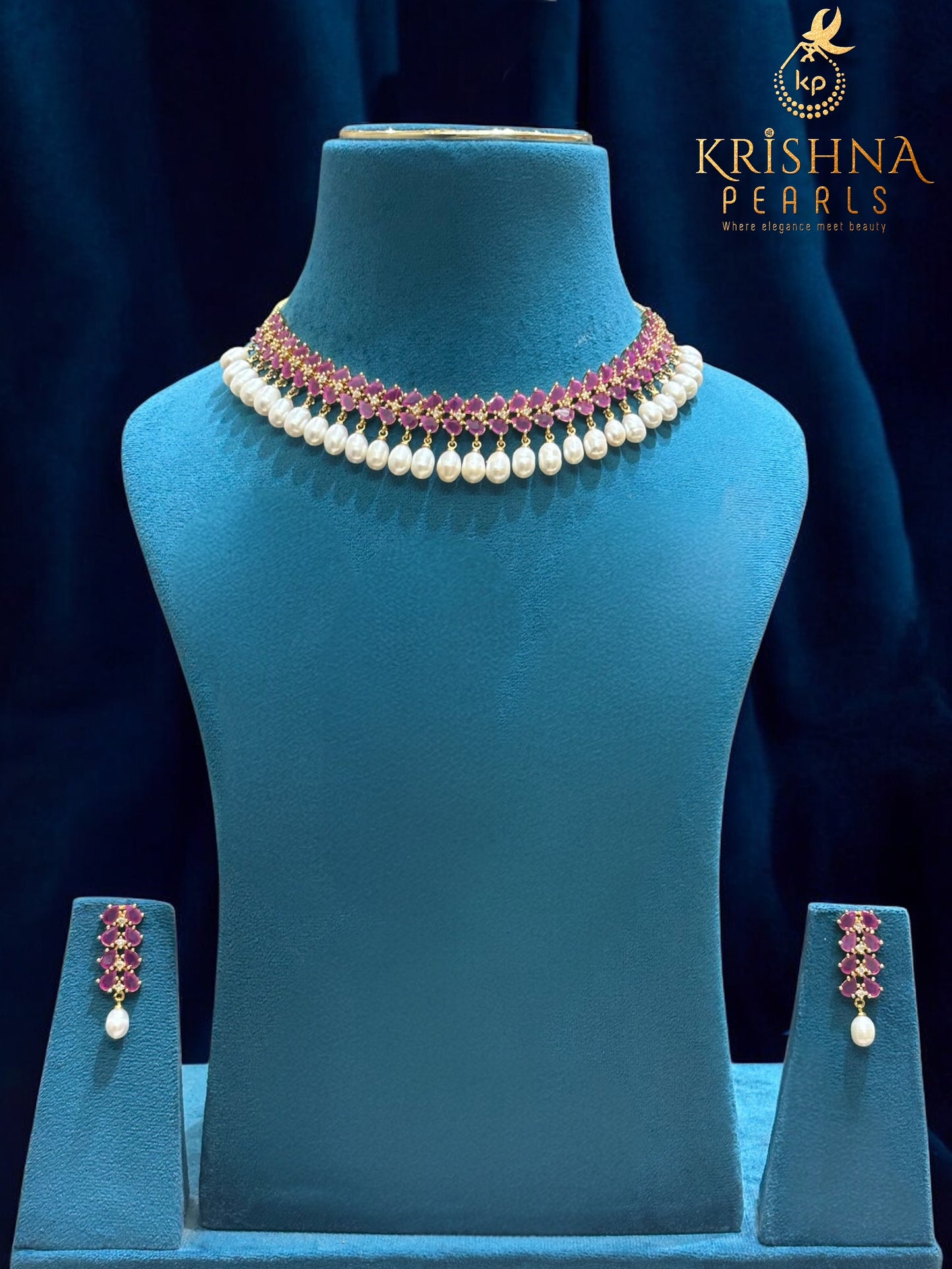 Designer Ruby & Zircon Studded Pearl Necklace Set