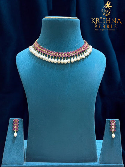 Designer Ruby & Zircon Studded Pearl Necklace Set