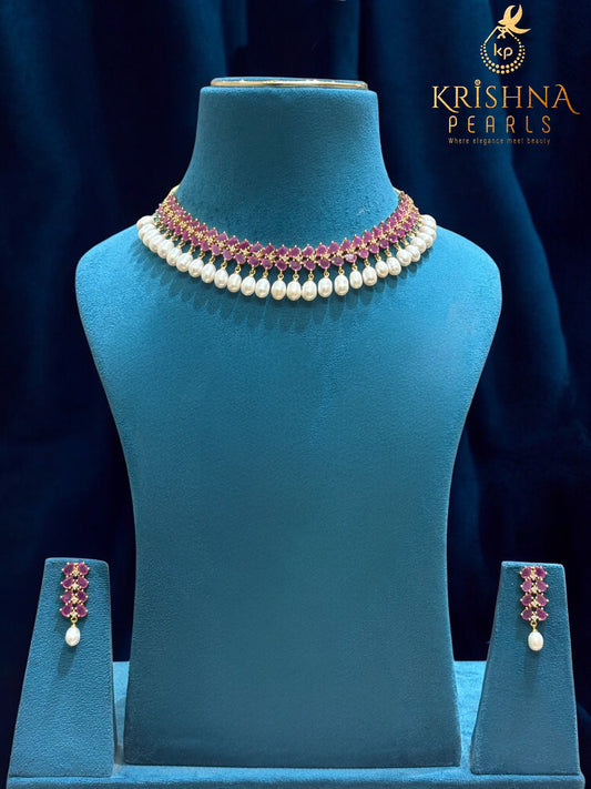 Designer Ruby & Zircon Studded Pearl Necklace Set