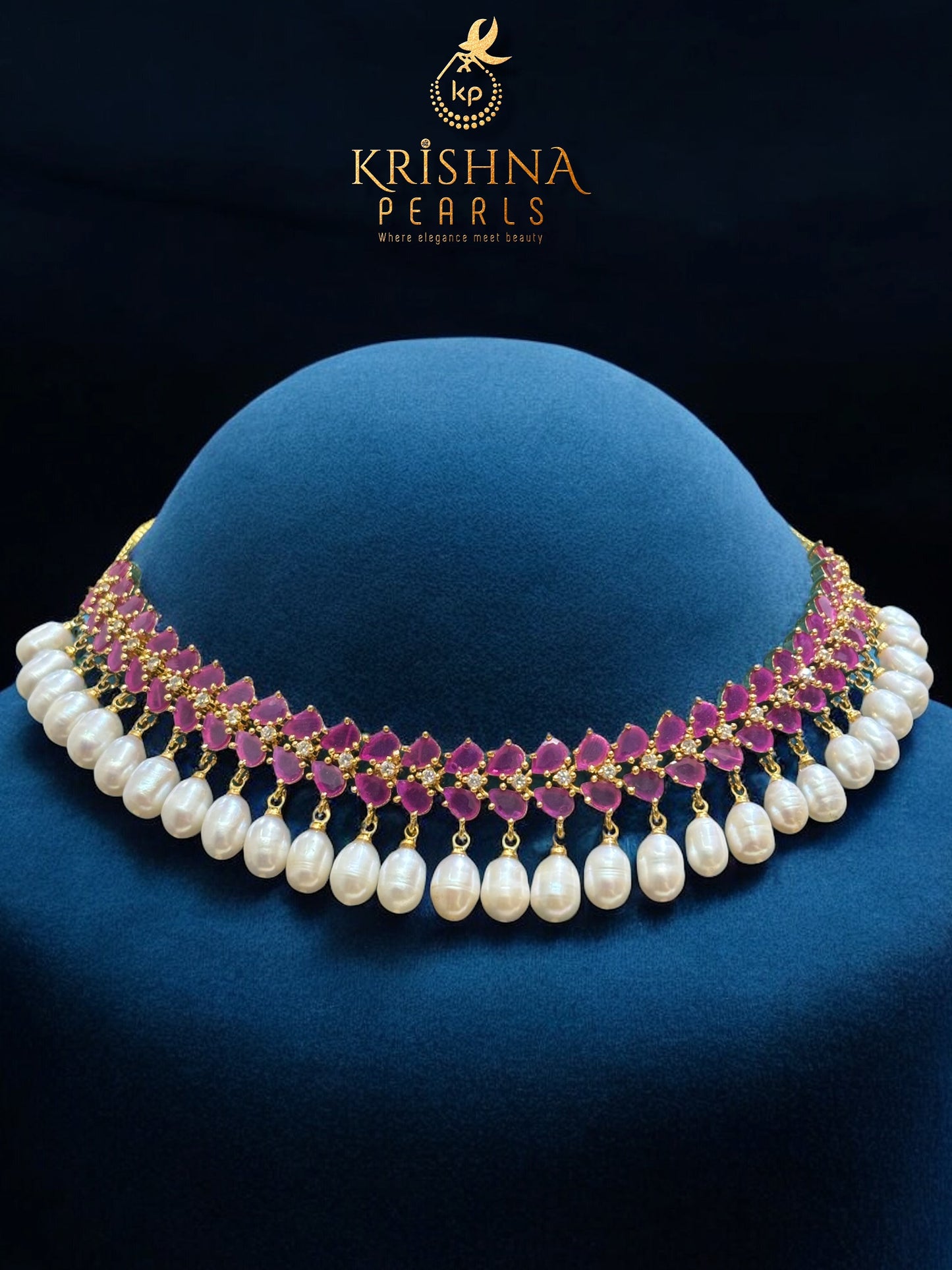 Designer Ruby & Zircon Studded Pearl Necklace Set
