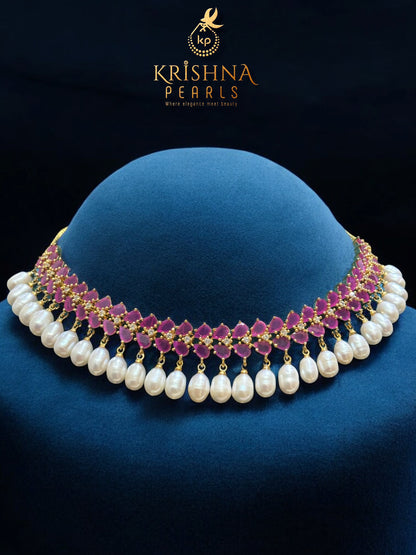 Designer Ruby & Zircon Studded Pearl Necklace Set