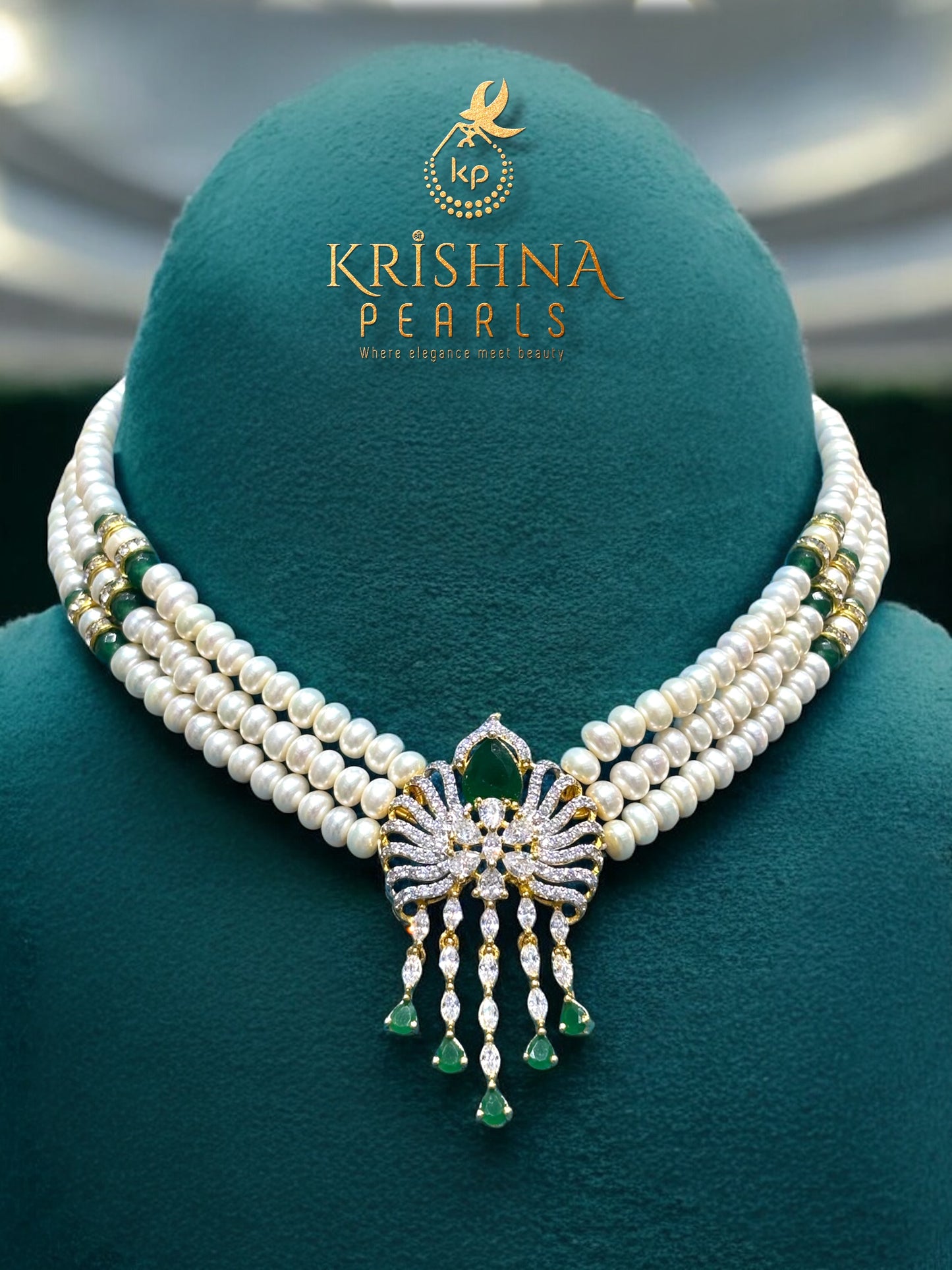 Designer Emerald And Zircon Studded Pearls Choker Set