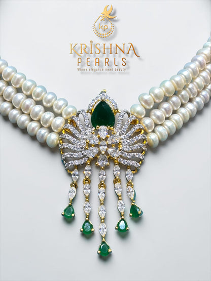 Designer Emerald And Zircon Studded Pearls Choker Set