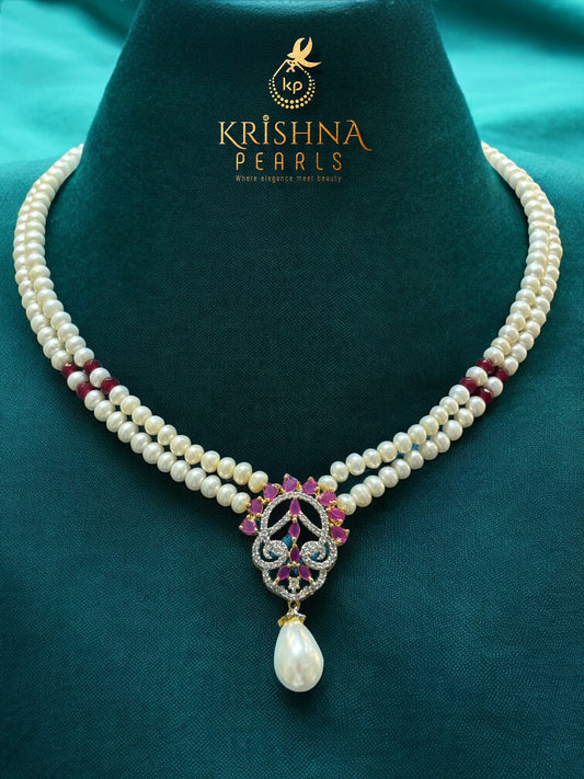 Elegant Ruby Studded Two Line Pearl Choker Set
