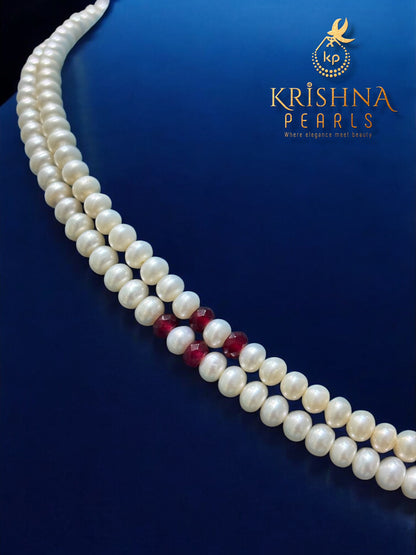 Elegant Ruby Studded Two Line Pearl Choker Set