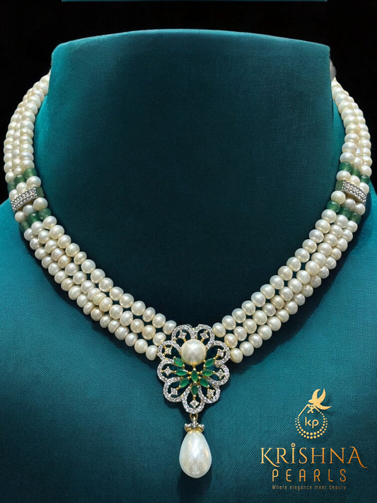 Beautiful Emerald Pendent  Pearls Three Line Choker Set