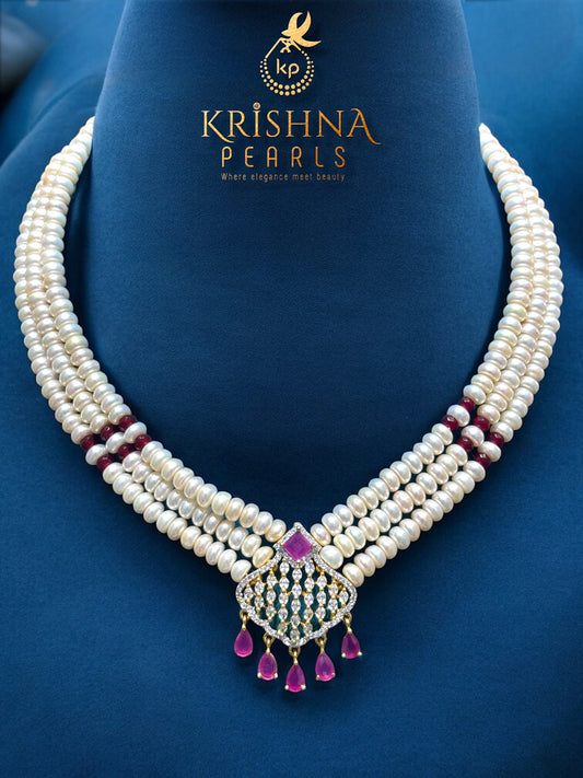 Designer Ruby Studded Three Row Pearls Choker Set