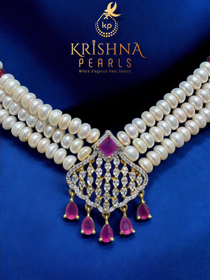 Designer Ruby Studded Three Row Pearls Choker Set