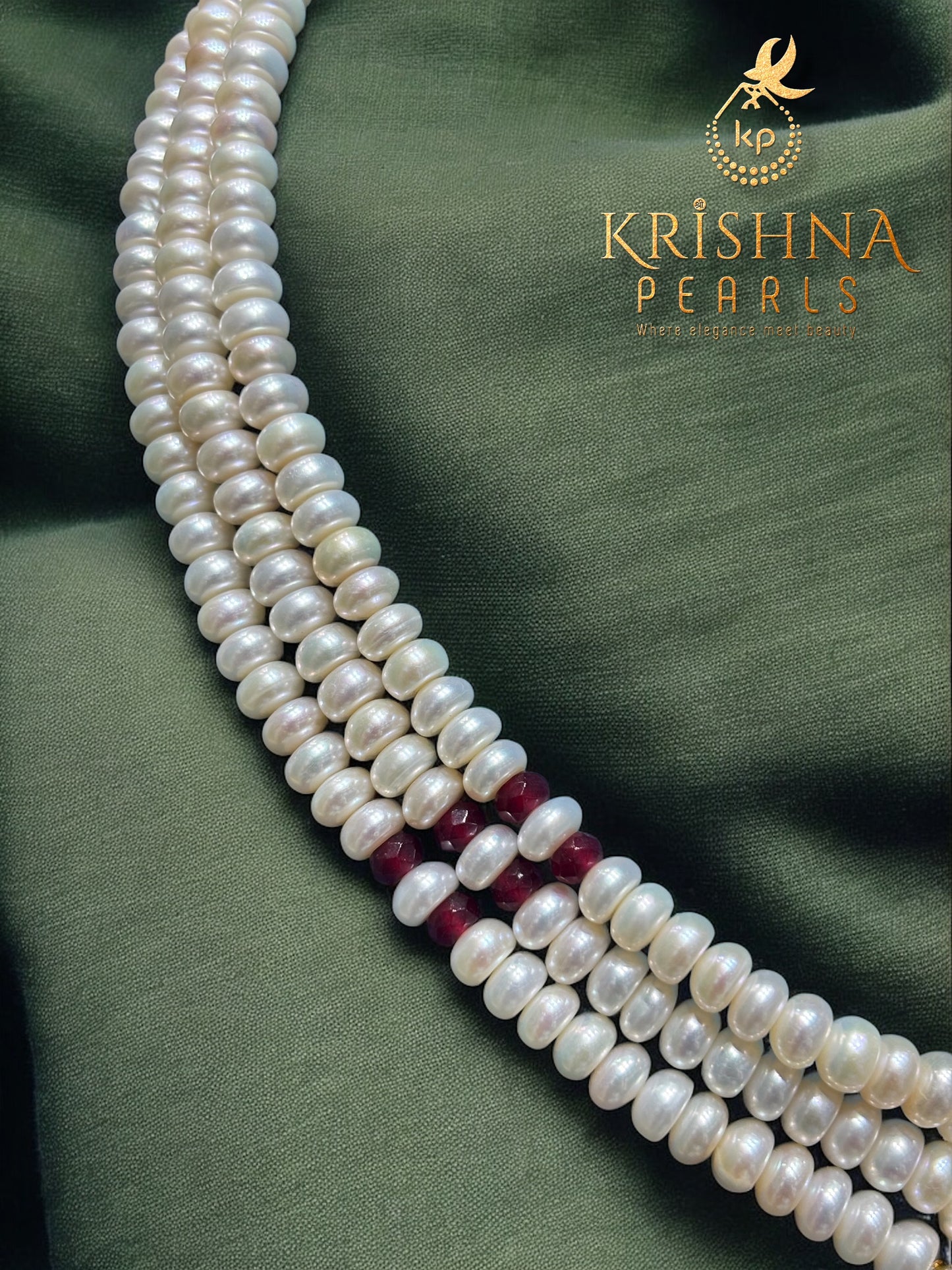 Designer Ruby Studded Three Row Pearls Choker Set