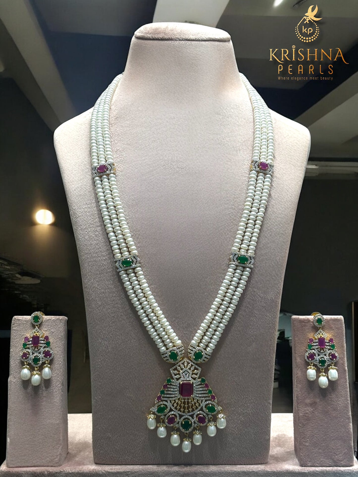 Designer Ruby and Emerald Studded Pearls Long Necklace Set