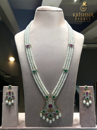 Designer Ruby and Emerald Studded Pearls Long Necklace Set