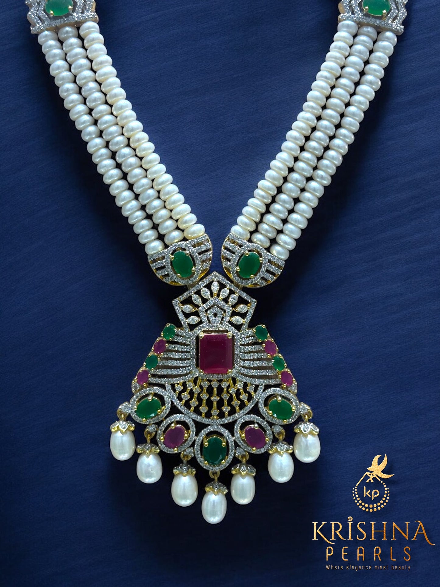 Designer Ruby and Emerald Studded Pearls Long Necklace Set