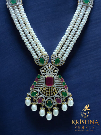 Designer Ruby and Emerald Studded Pearls Long Necklace Set