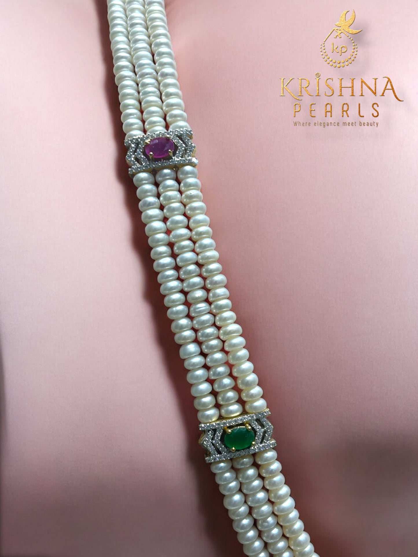 Designer Ruby and Emerald Studded Pearls Long Necklace Set