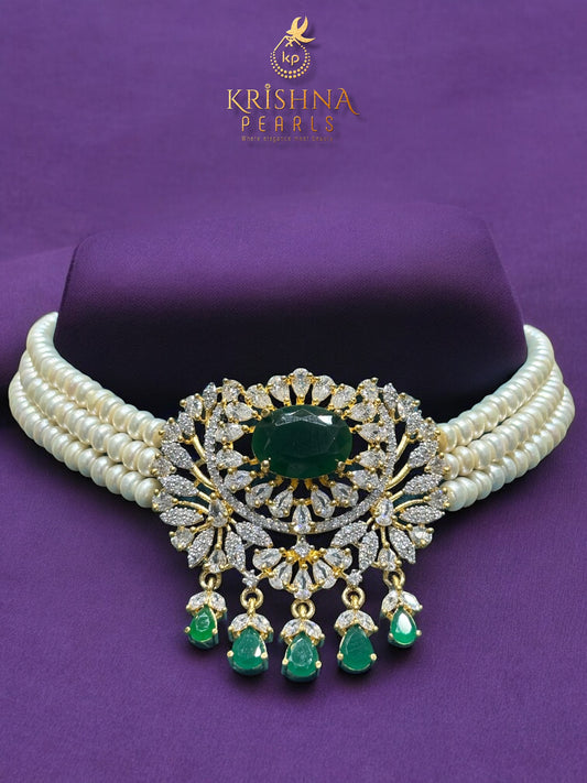 Beautiful Emerald Pendent With Small Size Pearls Three Line Choker Set