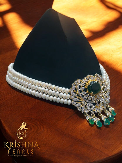 Beautiful Emerald Pendent With Small Size Pearls Three Line Choker Set