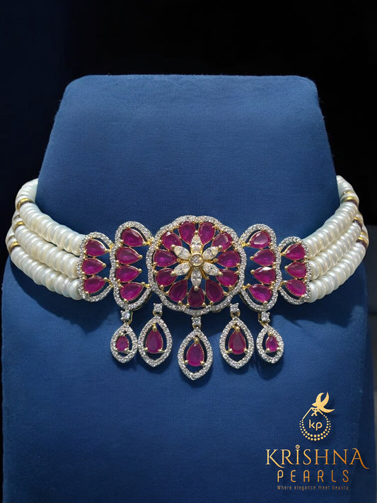 Heritage Ruby Pendent & Pearls Choker Set