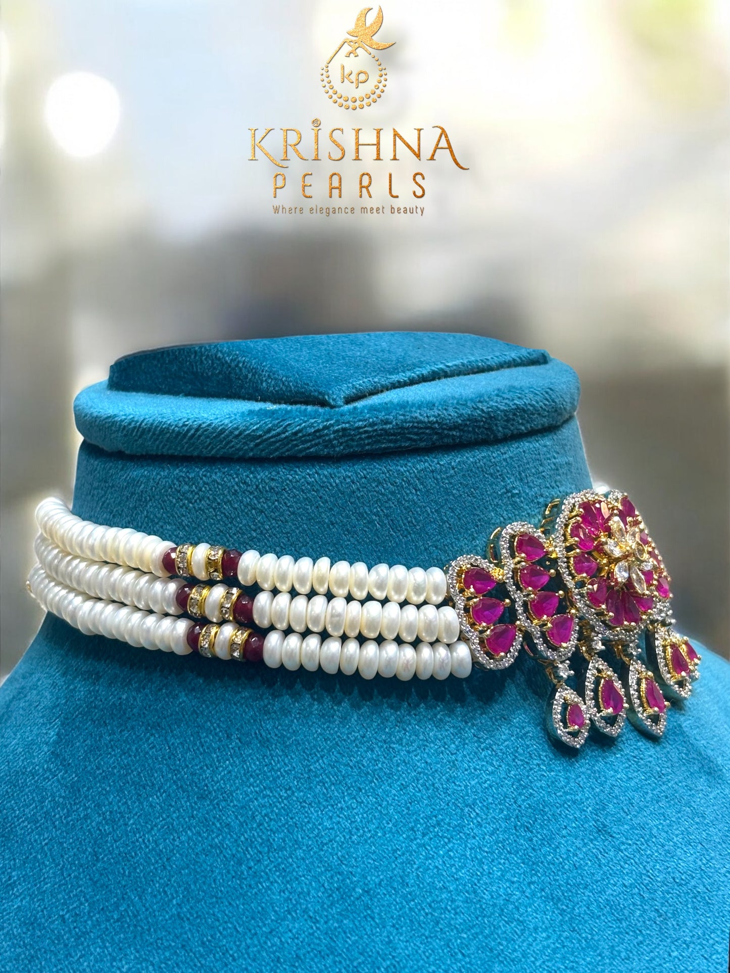 Heritage Ruby Pendent & Pearls Choker Set