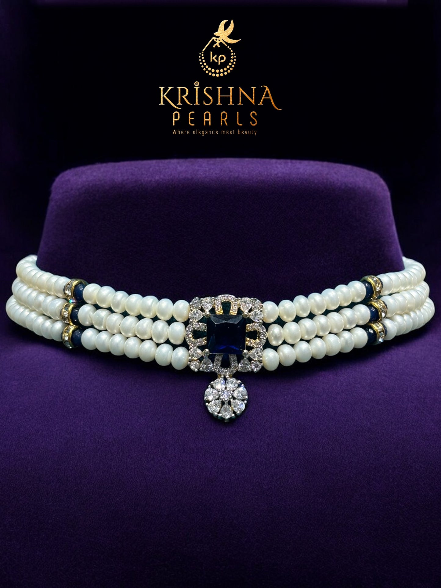 Royal Blue Sapphire Studded Pearls Choker Set
