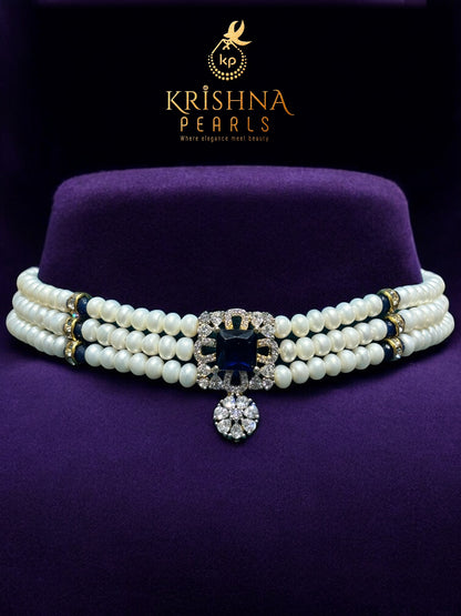 Royal Blue Sapphire Studded Pearls Choker Set