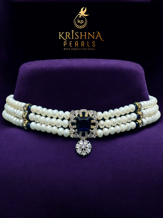Royal Blue Sapphire Studded Pearls Choker Set
