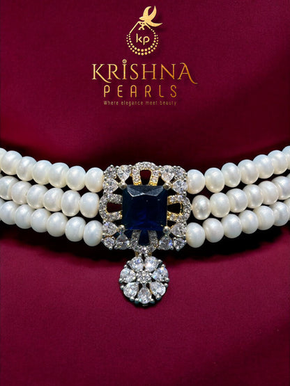 Royal Blue Sapphire Studded Pearls Choker Set
