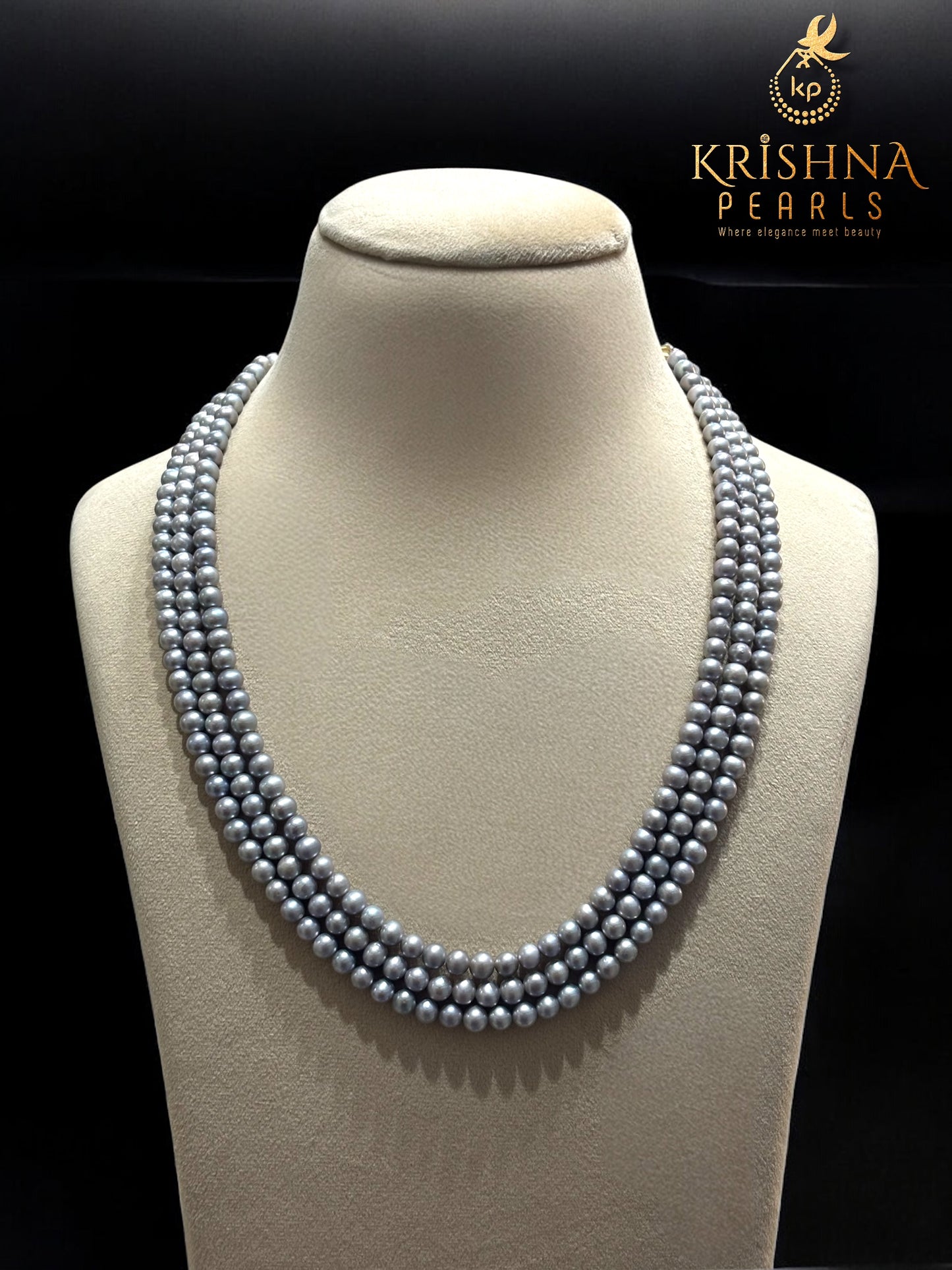 Charcoal Grace Triple Strand Pearls Necklace