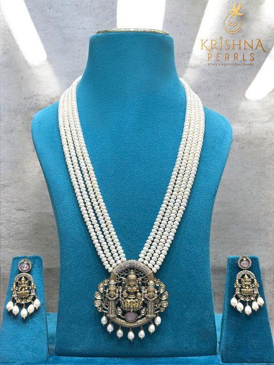 Divine Lakshmi Nakshi Oxidised Four Strand Pearls Long Necklace Set Temple Jewellery