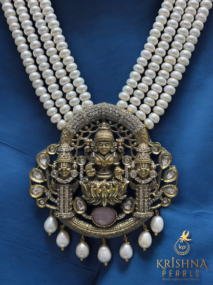 Divine Lakshmi Nakshi Oxidised Four Strand Pearls Long Necklace Set Temple Jewellery