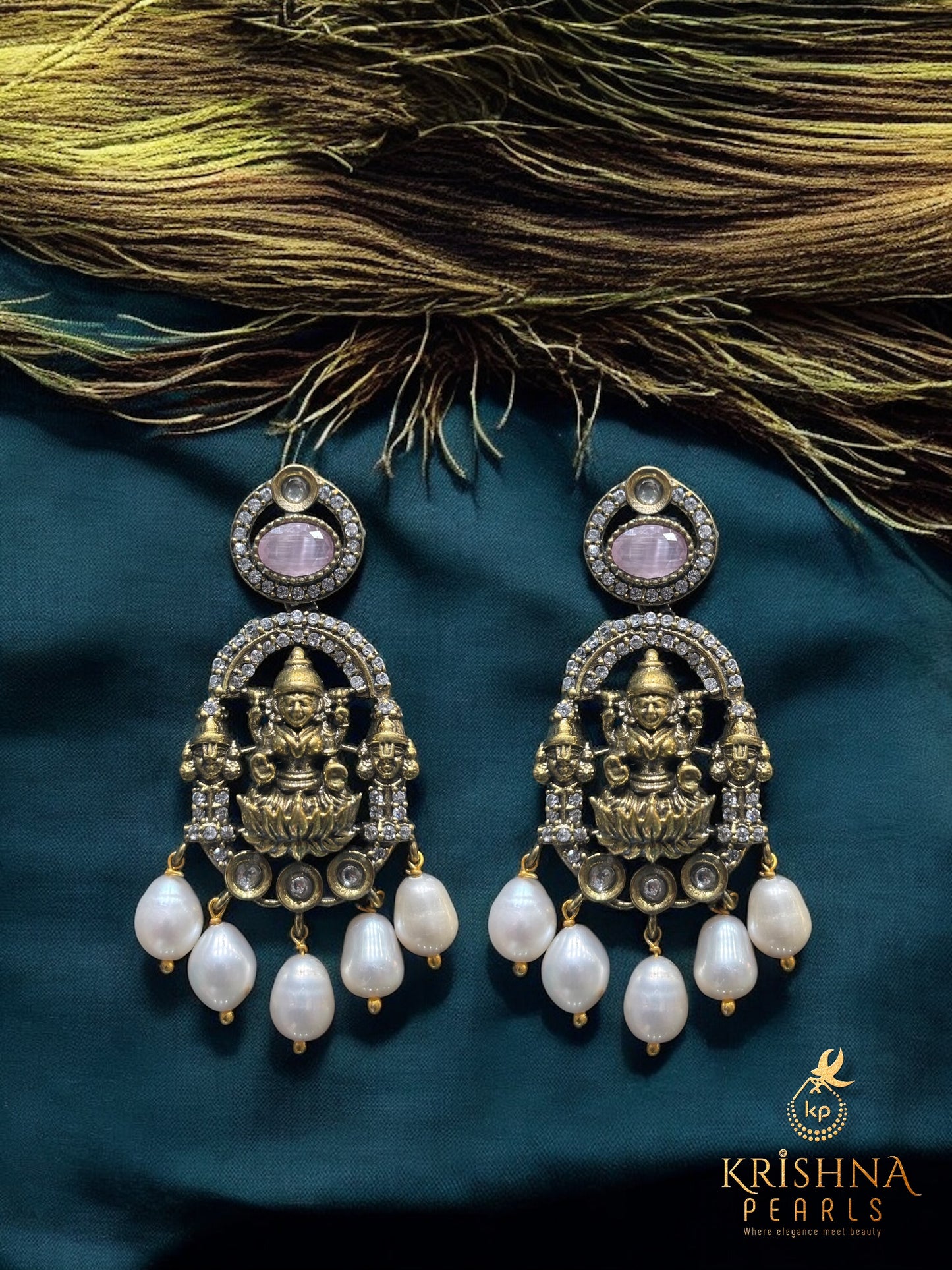Divine Lakshmi Nakshi Oxidised Four Strand Pearls Long Necklace Set Temple Jewellery