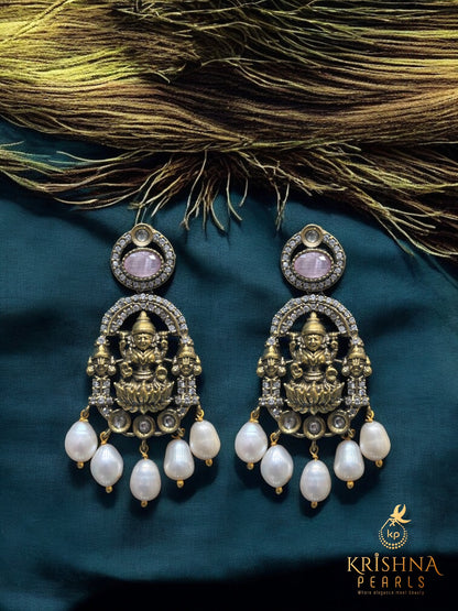 Divine Lakshmi Nakshi Oxidised Four Strand Pearls Long Necklace Set Temple Jewellery