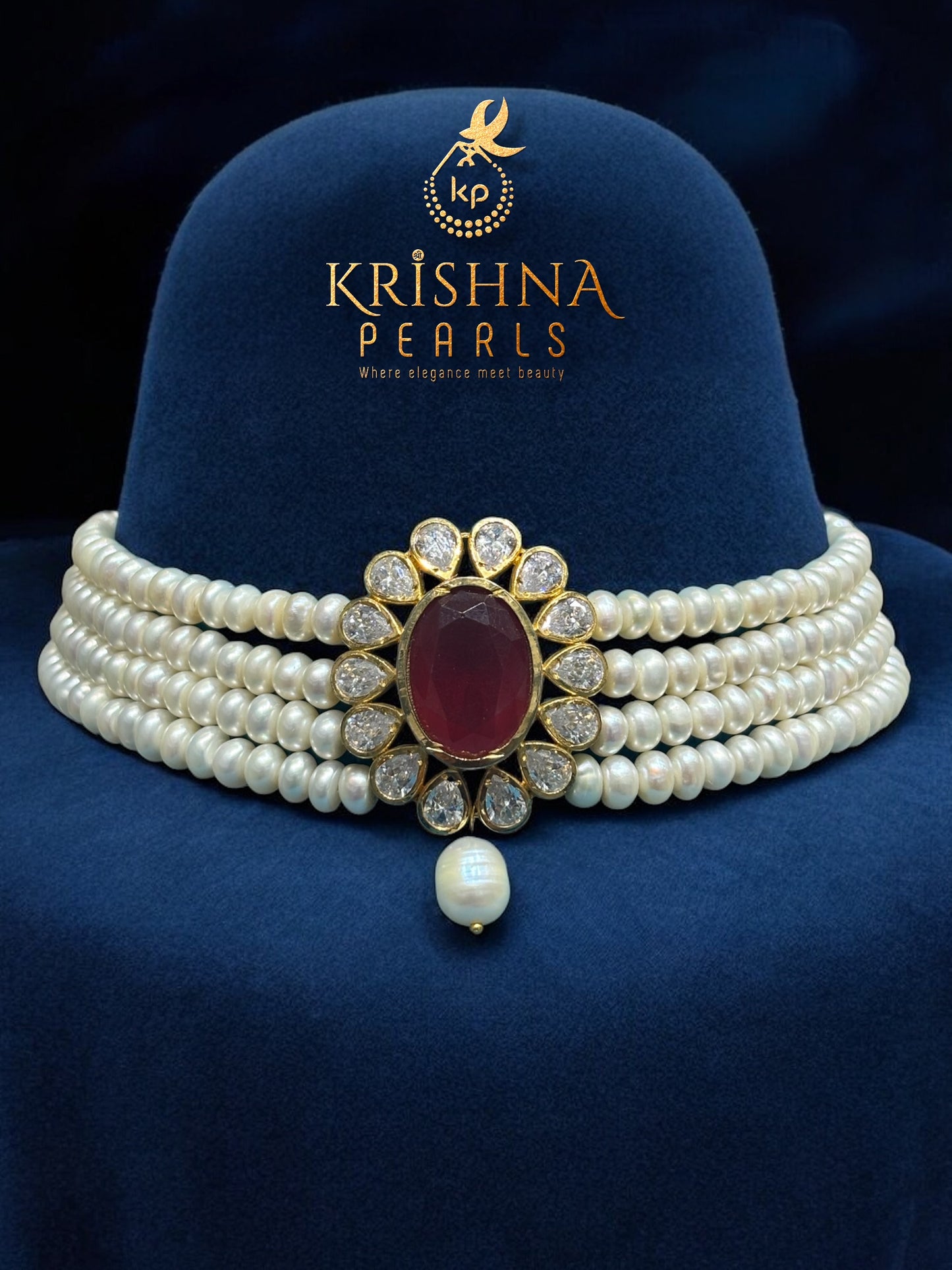 Ruby-Encrusted Pearl Choker Necklace Set