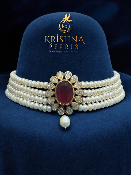 Ruby-Encrusted Pearl Choker Necklace Set
