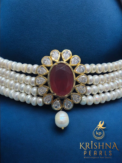 Ruby-Encrusted Pearl Choker Necklace Set