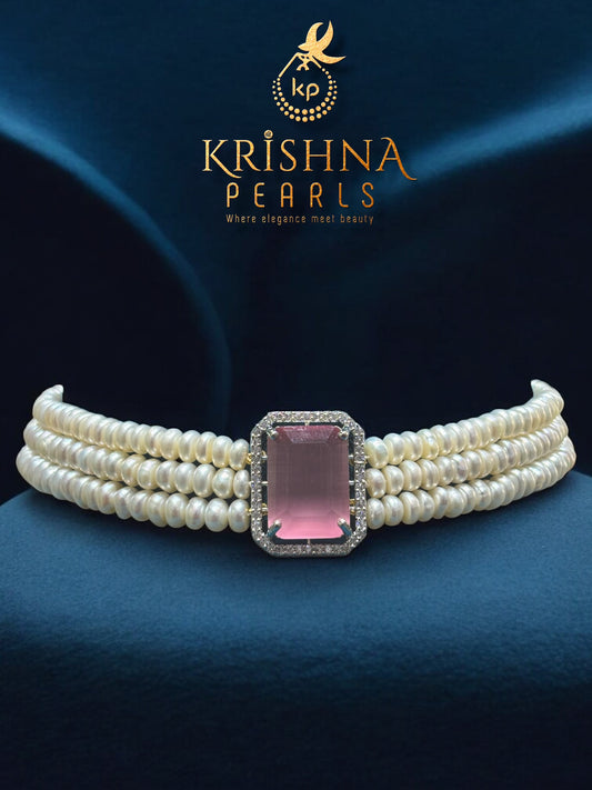 Designer Three Row Choker Pink Pendant Set