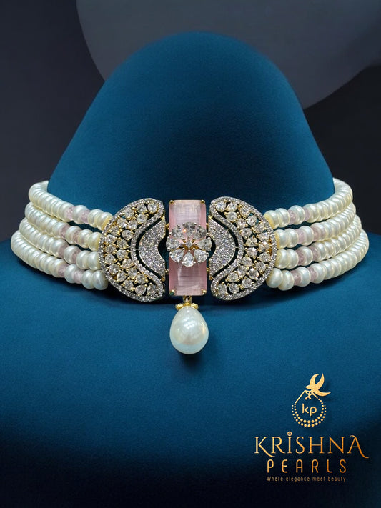 Rose Quartz Pearls Choker Four Layer Unique Pattern