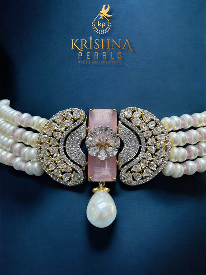 Rose Quartz Pearls Choker Four Layer Unique Pattern