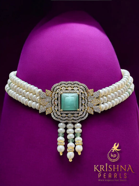 Beautifully Crowned Blue Quartz Studded Three Line Pearls Choker Set