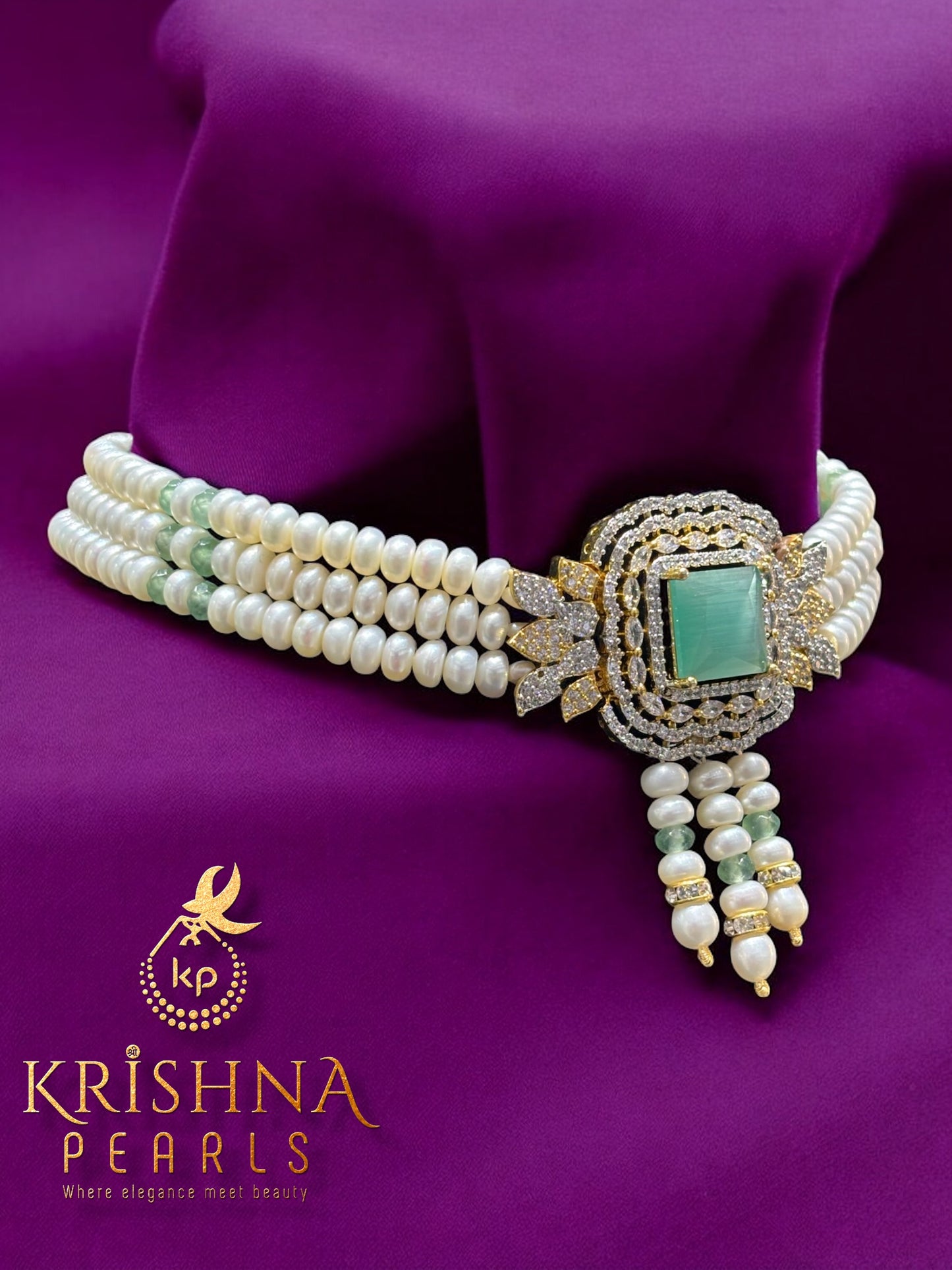 Beautifully Crowned Blue Quartz Studded Three Line Pearls Choker Set