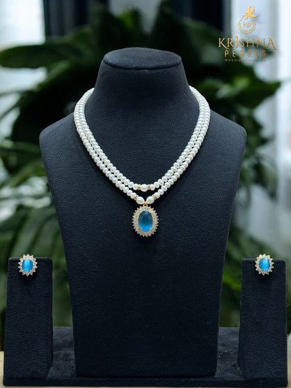 Blue Stone Studded Pearls Necklace Set